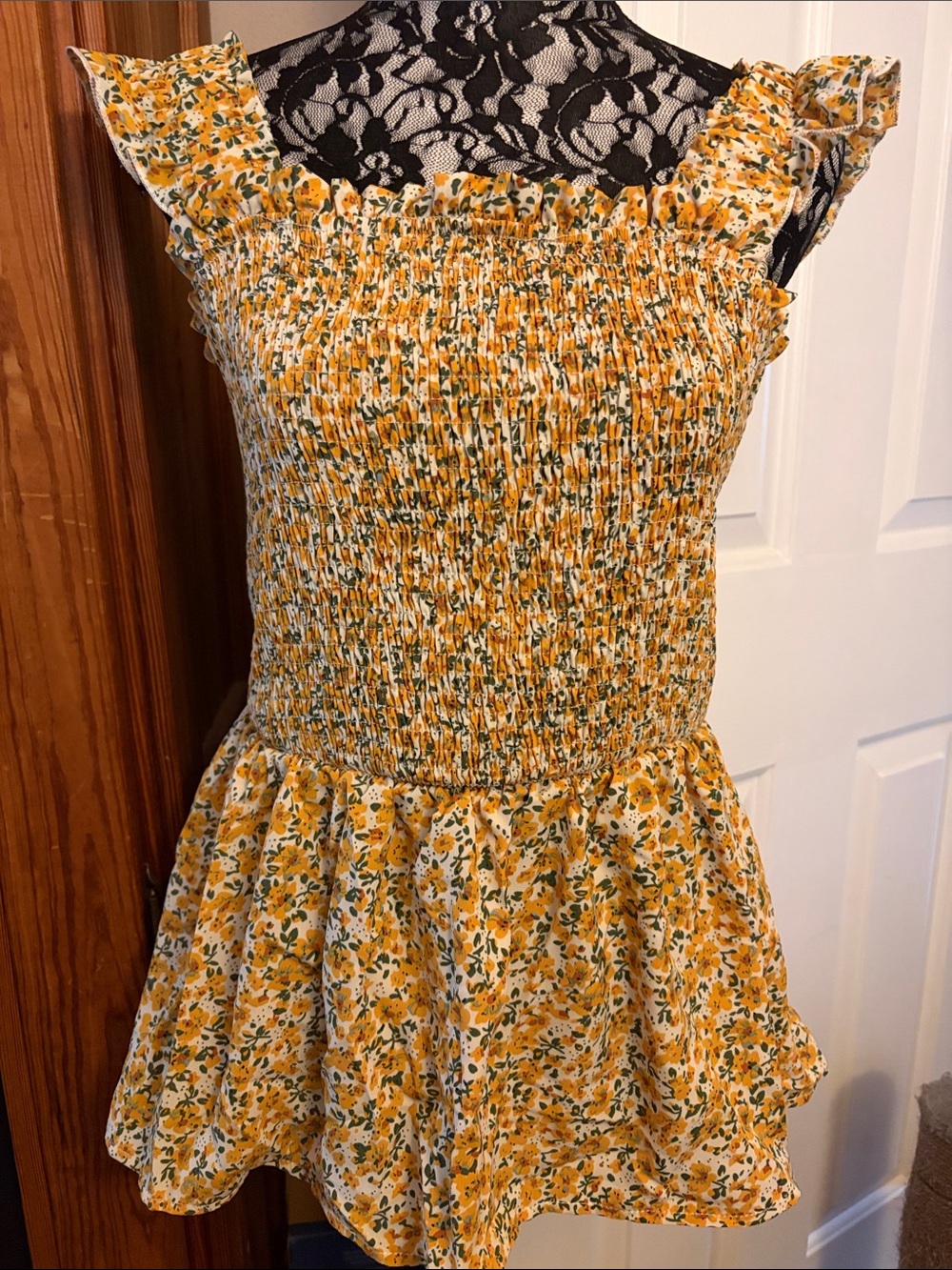 Smocked Yellow Floral Top with Ruffle Sleeves